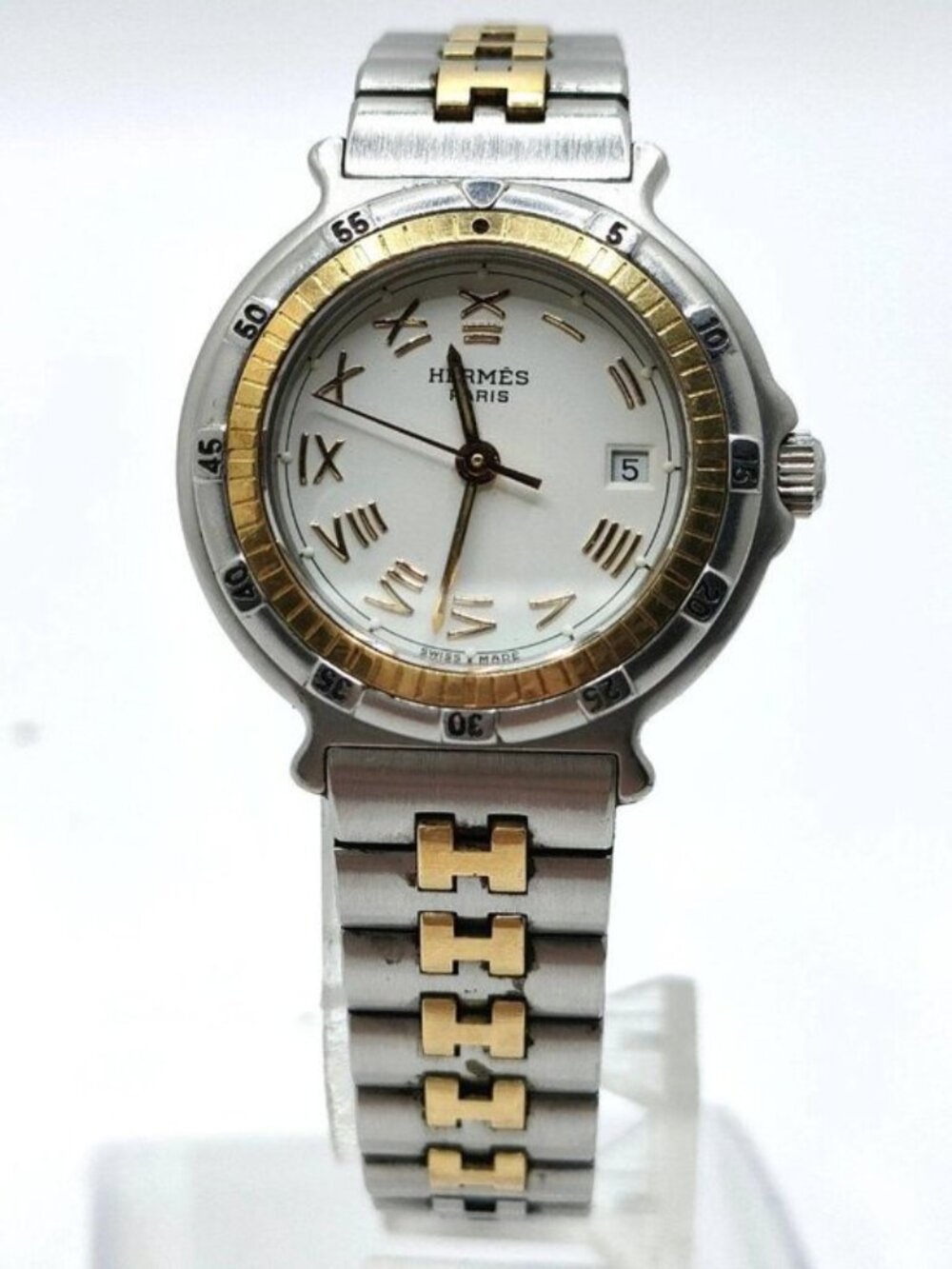 Authentic Hermès Clipper Two-Tone Gold & Silver Quartz Watch Date Women's Luxury - Picture 3 of 12